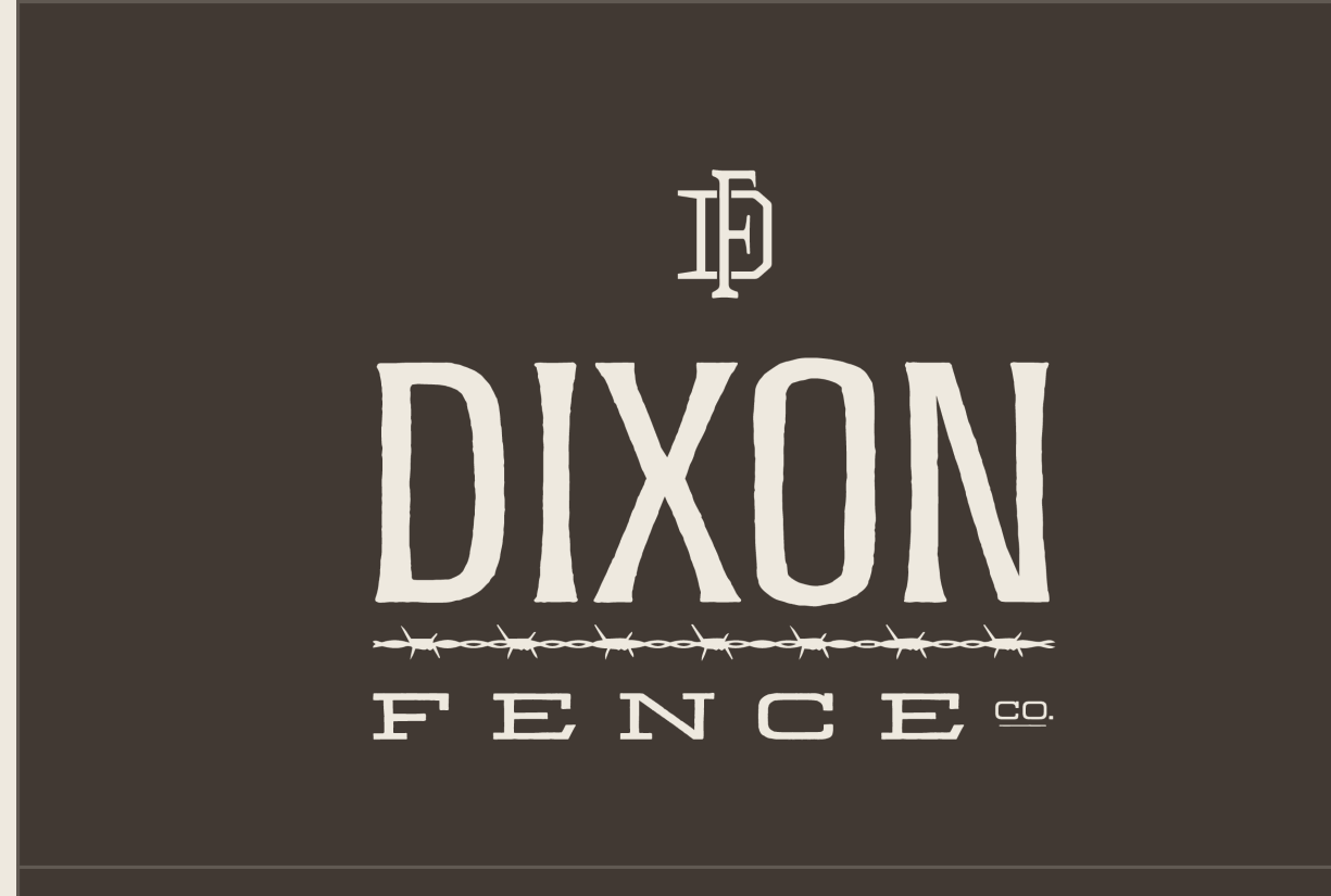 Dixon Fence Co. rebrand — DF monogram above the DIXON FENCE wordmark with a barbed-wire divider, on dark brown.