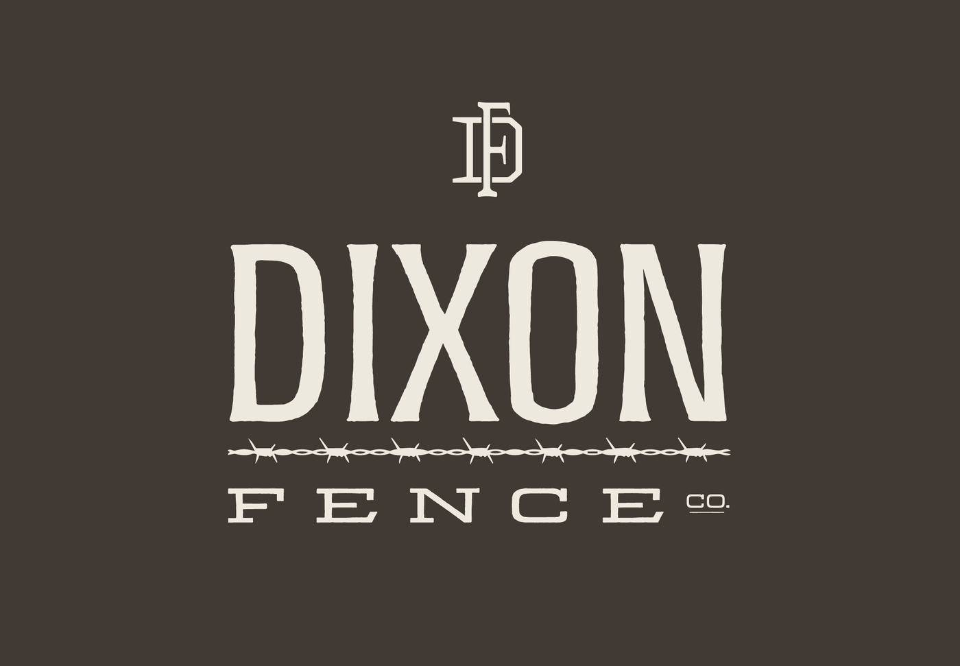 Dixon Fence Co. logo after the rebrand — DF monogram above DIXON FENCE with a barbed-wire divider, on dark brown.