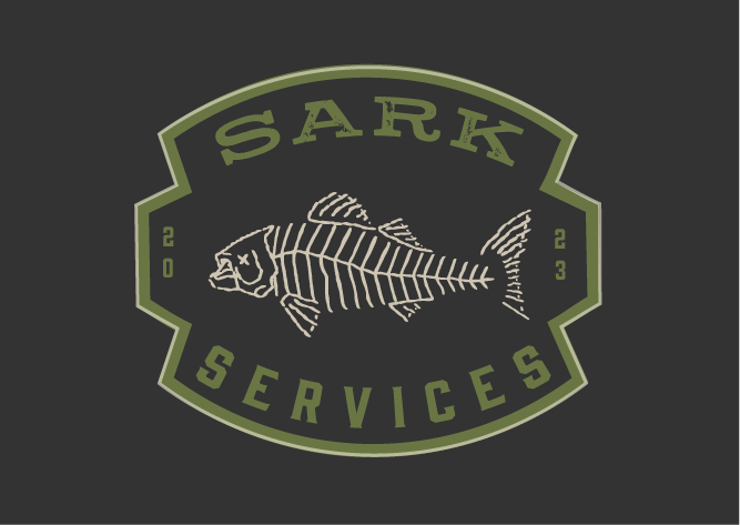 Sark Services logo after the rebrand — SARK SERVICES badge with fish-skeleton illustration in olive on black.