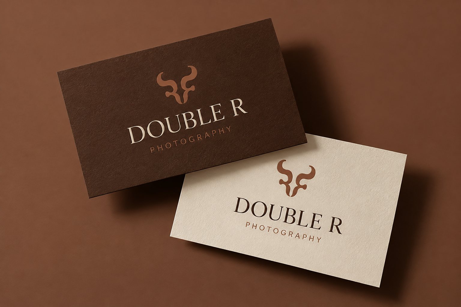 Two Direction One business cards on a brown surface — a dark brown card and a bone card, each carrying the bull-skull emblem above the DOUBLE R PHOTOGRAPHY wordmark in copper foil.