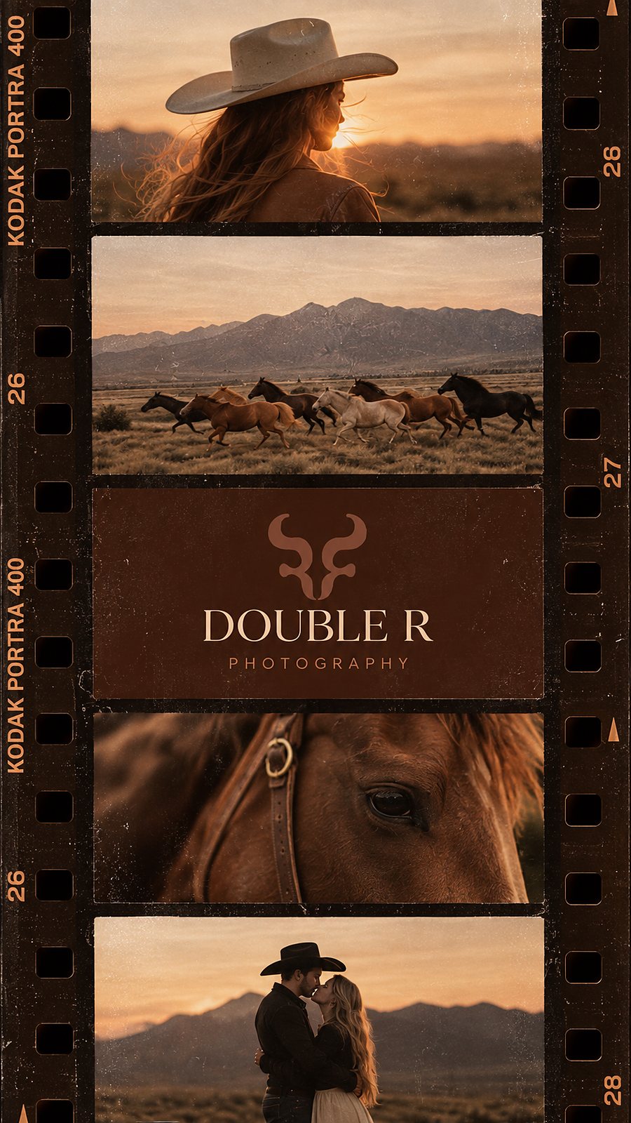 Direction One film-strip composite in the style of a Kodak Portra 400 contact sheet — portrait of a woman in a cowboy hat at sunset, galloping horses across a plain, the Double R Photography brand plate on a leather ground, a horse portrait, and a couple embracing against the mountains.