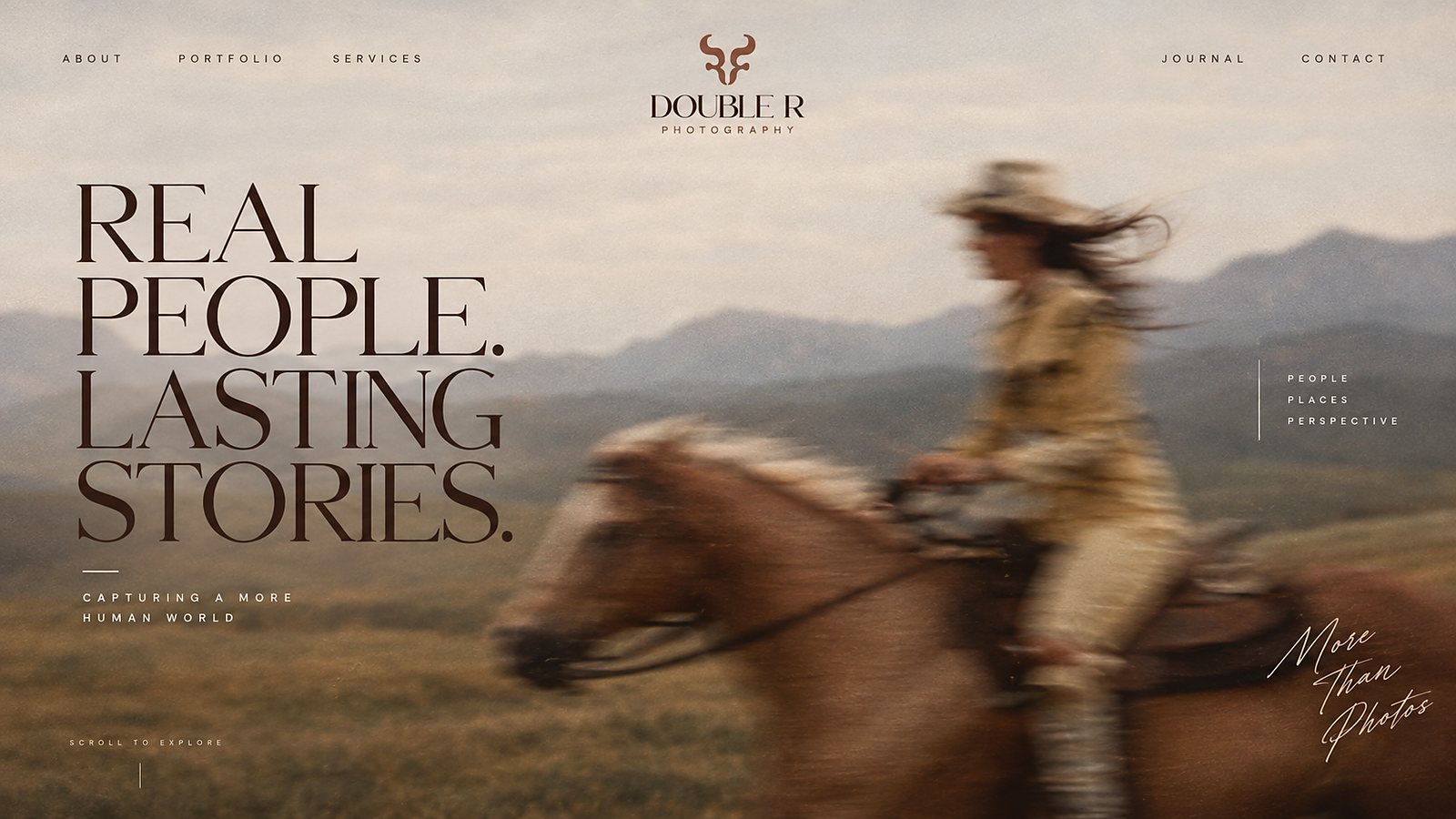 Double R Photography website hero mockup — cowgirl riding across a mountain landscape at golden hour, with the DOUBLE R brand lockup set across the top in warm cream.