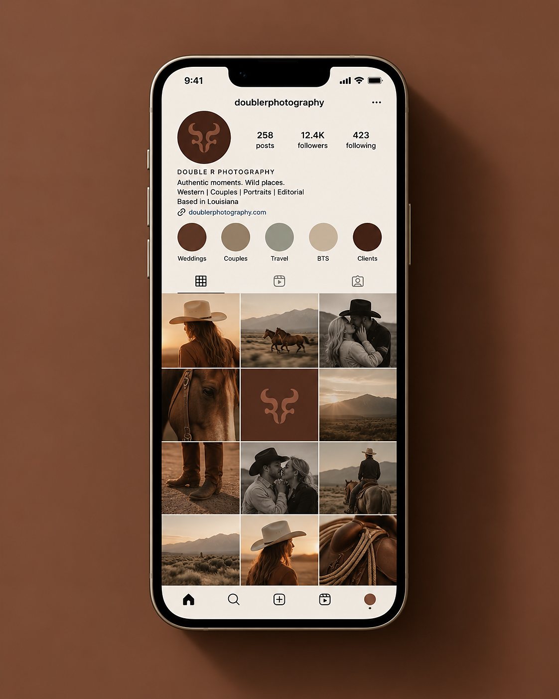 Smartphone mockup showing the Direction One Instagram profile — bull-skull mark avatar, warm brown bio banner, and a nine-tile grid of Western photography and brand marks.