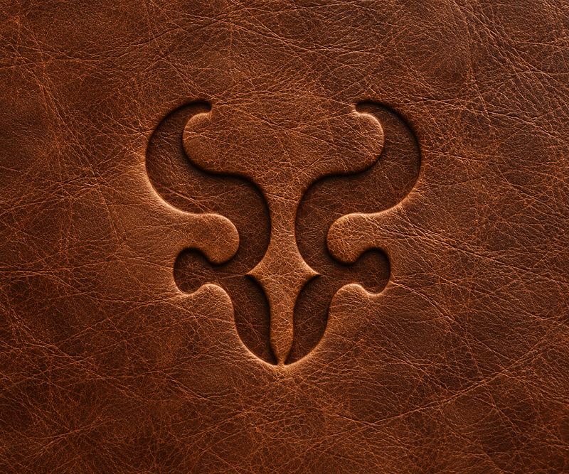 Direction One bull-skull emblem embossed deep into warm brown leather, texture catching sidelight.