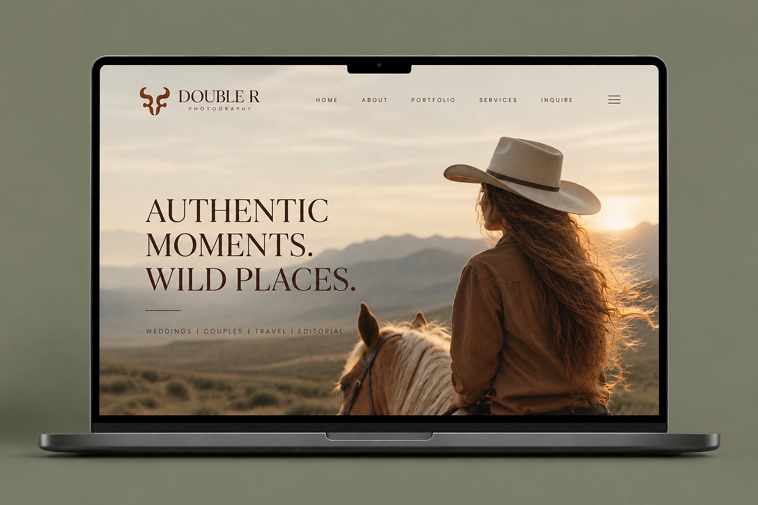 Laptop mockup showing the Direction One Double R Photography website — editorial hero with the headline AUTHENTIC MOMENTS WILD PLACES set over a cowgirl-on-horseback photograph at sunset.
