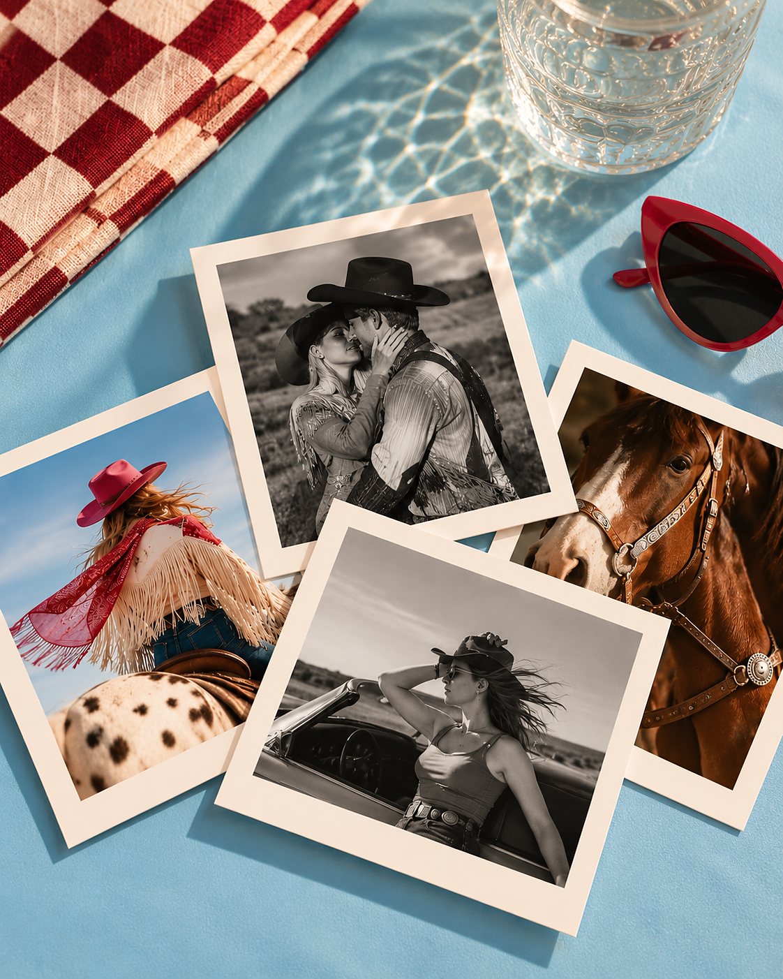 Direction Two polaroid print arrangement on a sky-blue surface — four square photographs of Western subjects alongside red sunglasses and a red-and-white checkered napkin.
