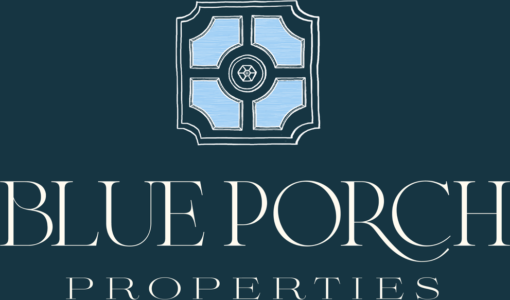 Blue Porch Properties — illustrated window emblem above the BLUE PORCH PROPERTIES wordmark on navy.