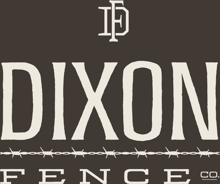 Dixon Fence Co. — cream DIXON FENCE lockup with DF monogram and barbed-wire divider on brown.