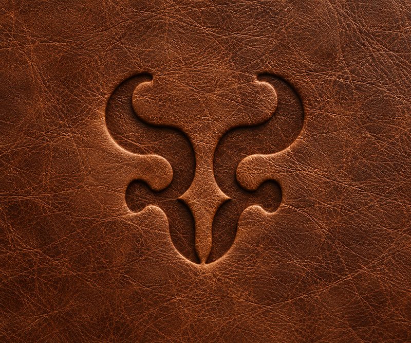 Double R Photography bull-skull emblem embossed on warm brown leather.