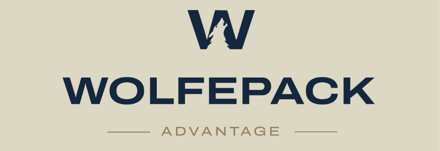 Wolfepack Advantage — cream WOLFEPACK ADVANTAGE lockup with wolf-in-circle badge.