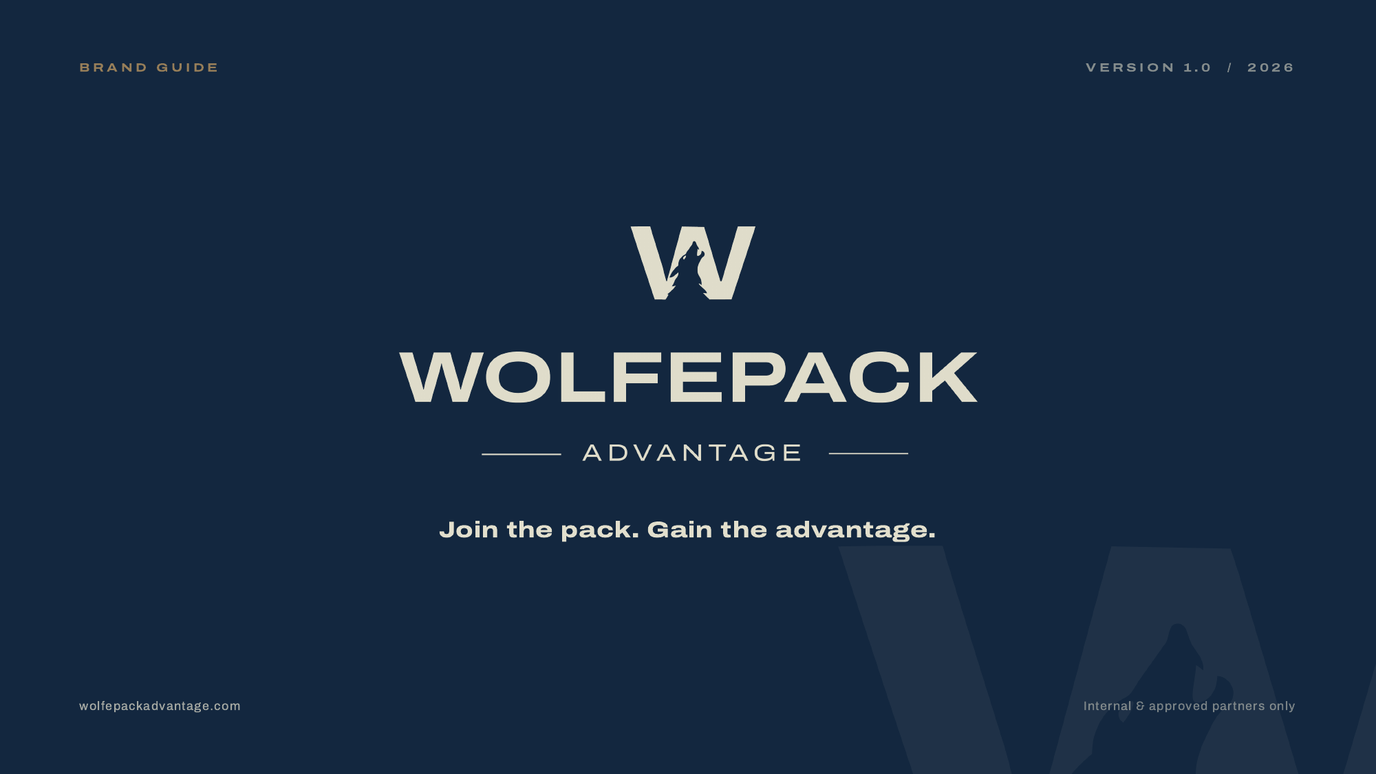 Wolfepack Advantage brand cover — cream WOLFEPACK ADVANTAGE lockup with a wolf silhouette inside the W, on deep navy.