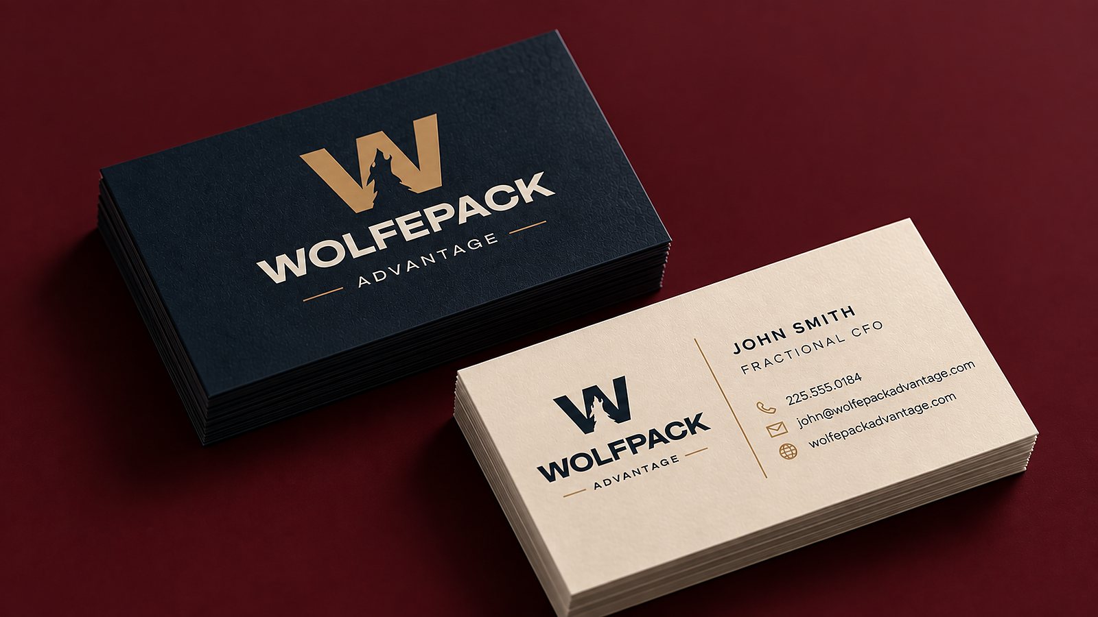 Business card mockup on a burgundy surface — navy card front carrying a gold wolf-in-W mark and reversed bone wordmark, bone back with contact details in navy.
