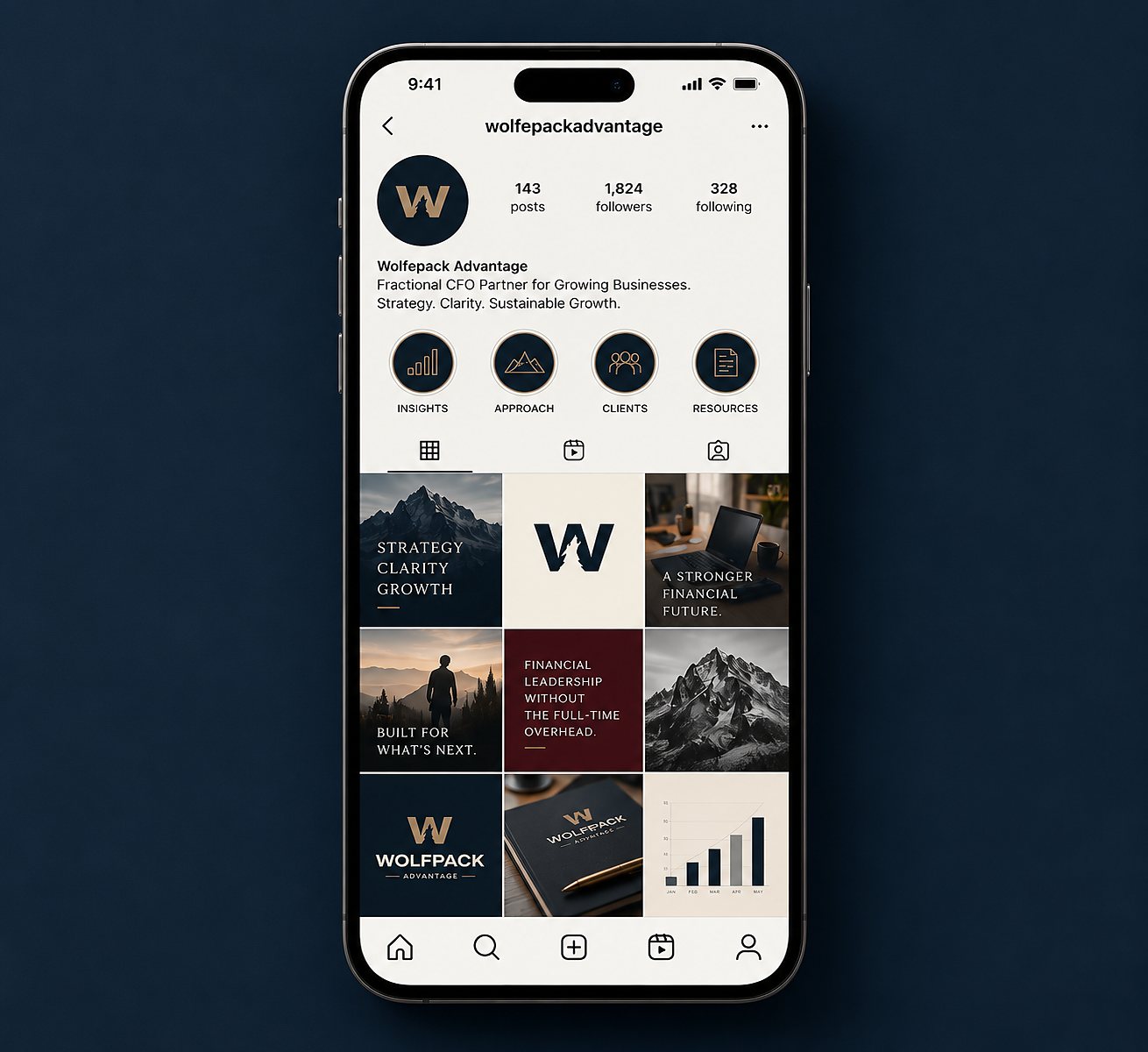 iPhone mockup showing the Wolfepack Advantage Instagram profile — nine-tile grid of brand content in navy, gold, bone, and mountain photography.