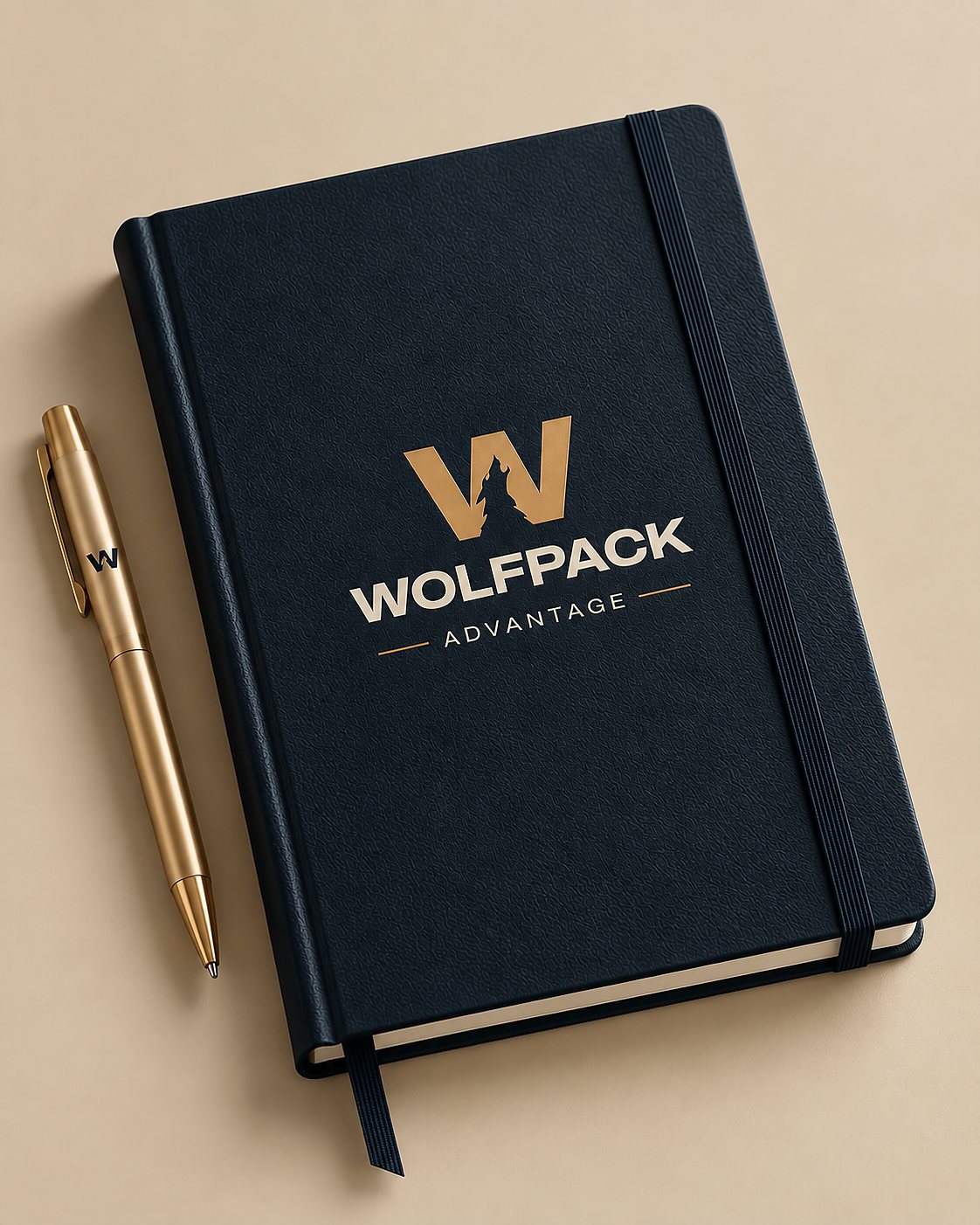 Navy leather notebook with the Wolfepack Advantage lockup foil-stamped in gold, resting on a neutral surface next to a gold pen.