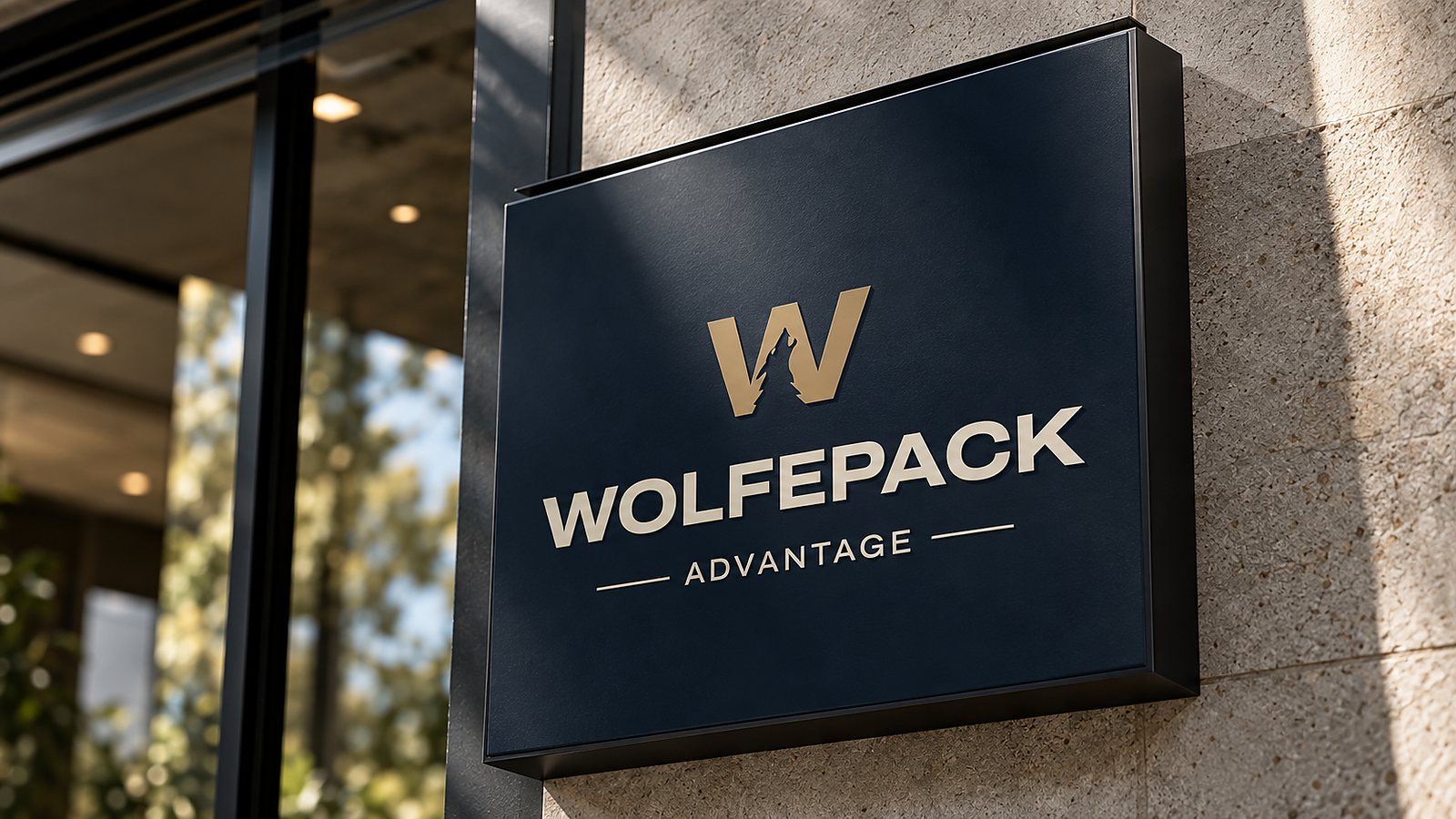 Exterior signage plaque mounted on a stone facade — deep navy panel with the Wolfepack Advantage lockup rendered in gold, warm daylight and green foliage at the edge of frame.